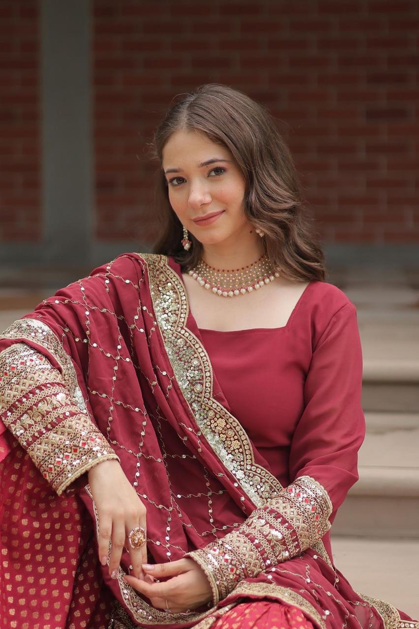 Designer Chinnon Printed With Embroidered Work Sharara Set