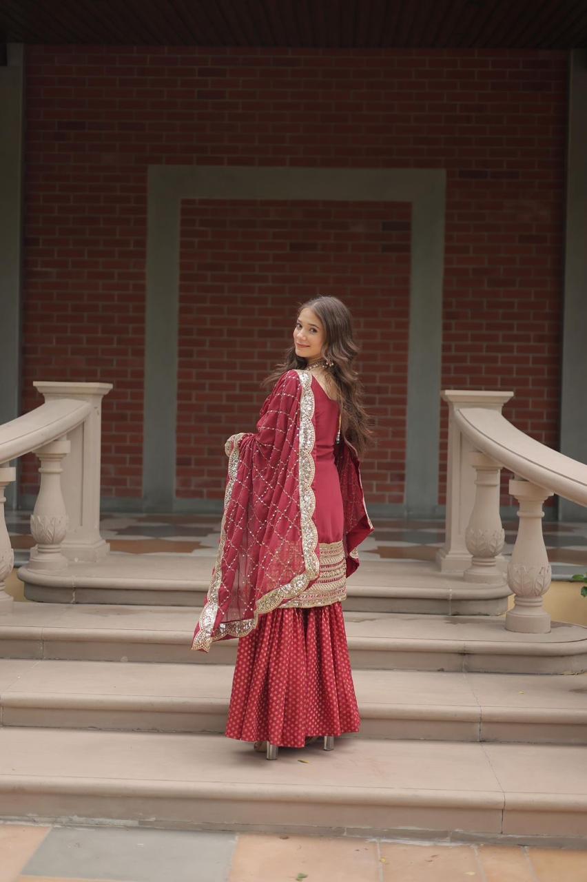 Designer Chinnon Printed With Embroidered Work Sharara Set