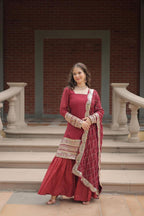 Designer Chinnon Printed With Embroidered Work Sharara Set