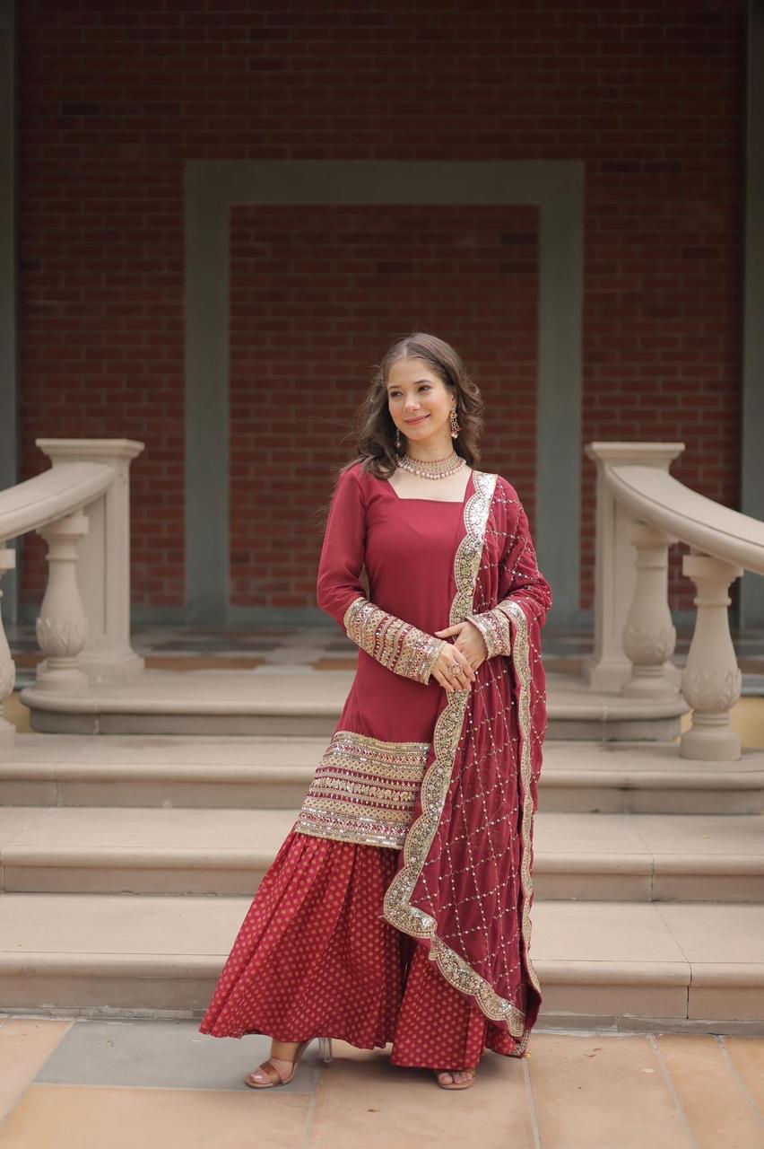 Designer Chinnon Printed With Embroidered Work Sharara Set