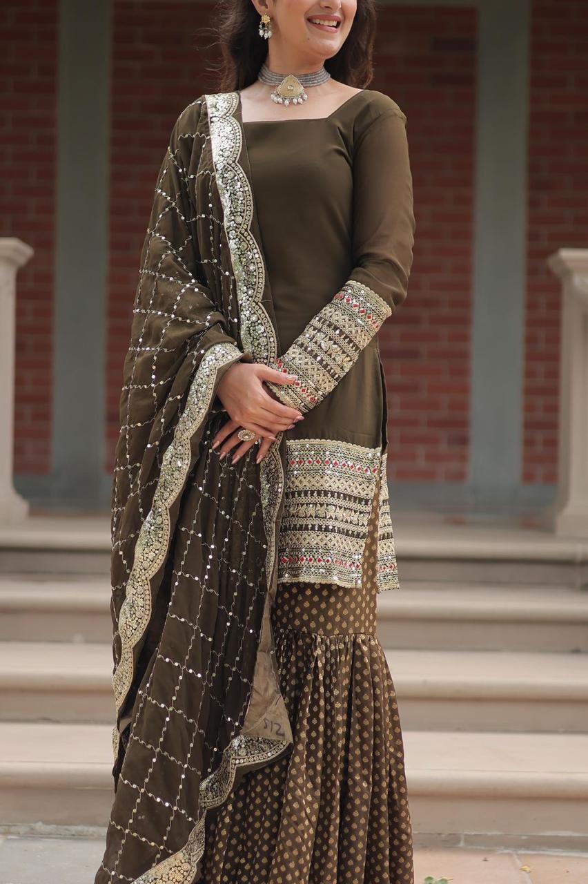 Designer Chinnon Printed With Embroidered Work Sharara Set