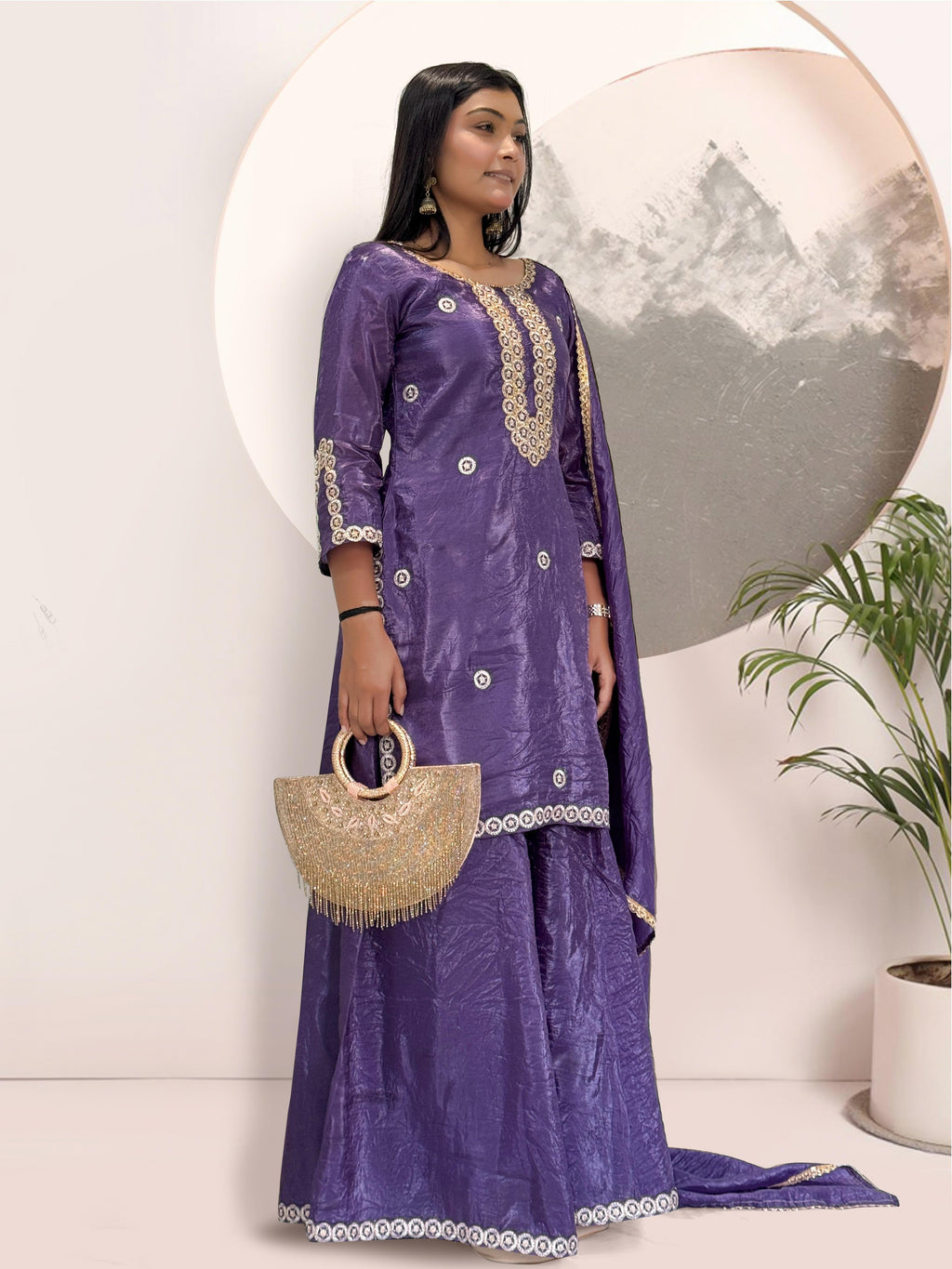 Elegant Heavy Gold Crush Silk Embroidered Kurti Set with Dupatta