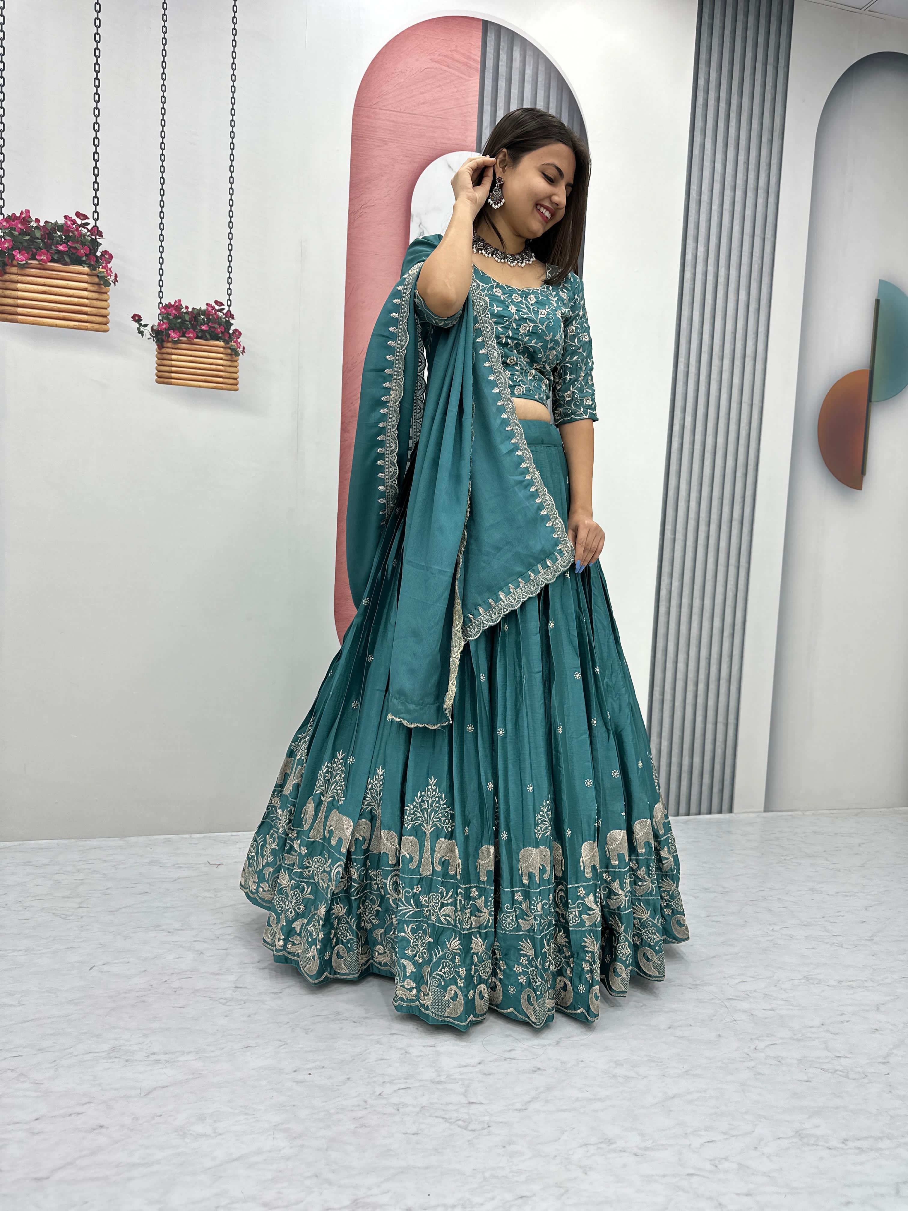 Elegant Chinon Embroidered Thread Work Lehenga Choli with Dupatta