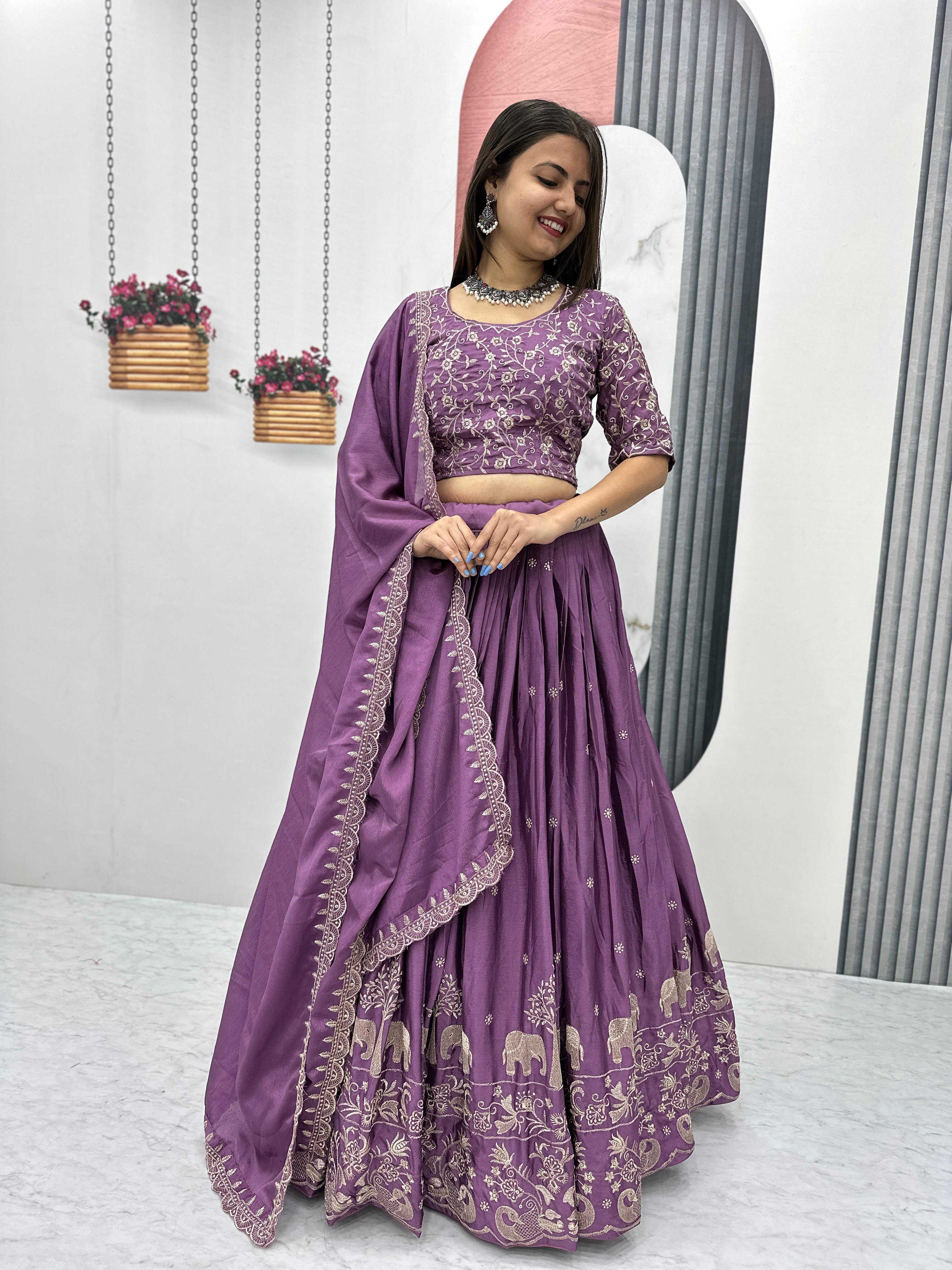 Elegant Chinon Embroidered Thread Work Lehenga Choli with Dupatta