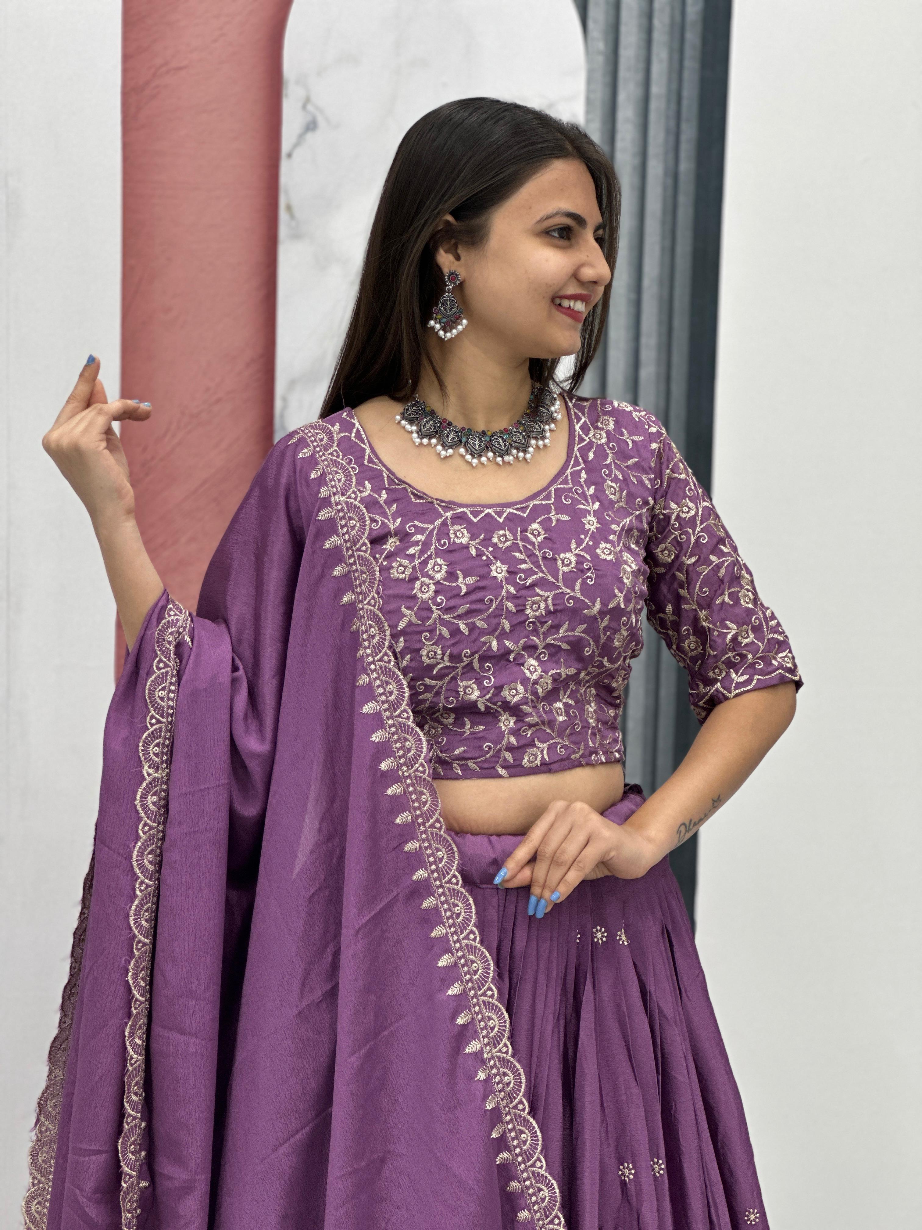 Elegant Chinon Embroidered Thread Work Lehenga Choli with Dupatta