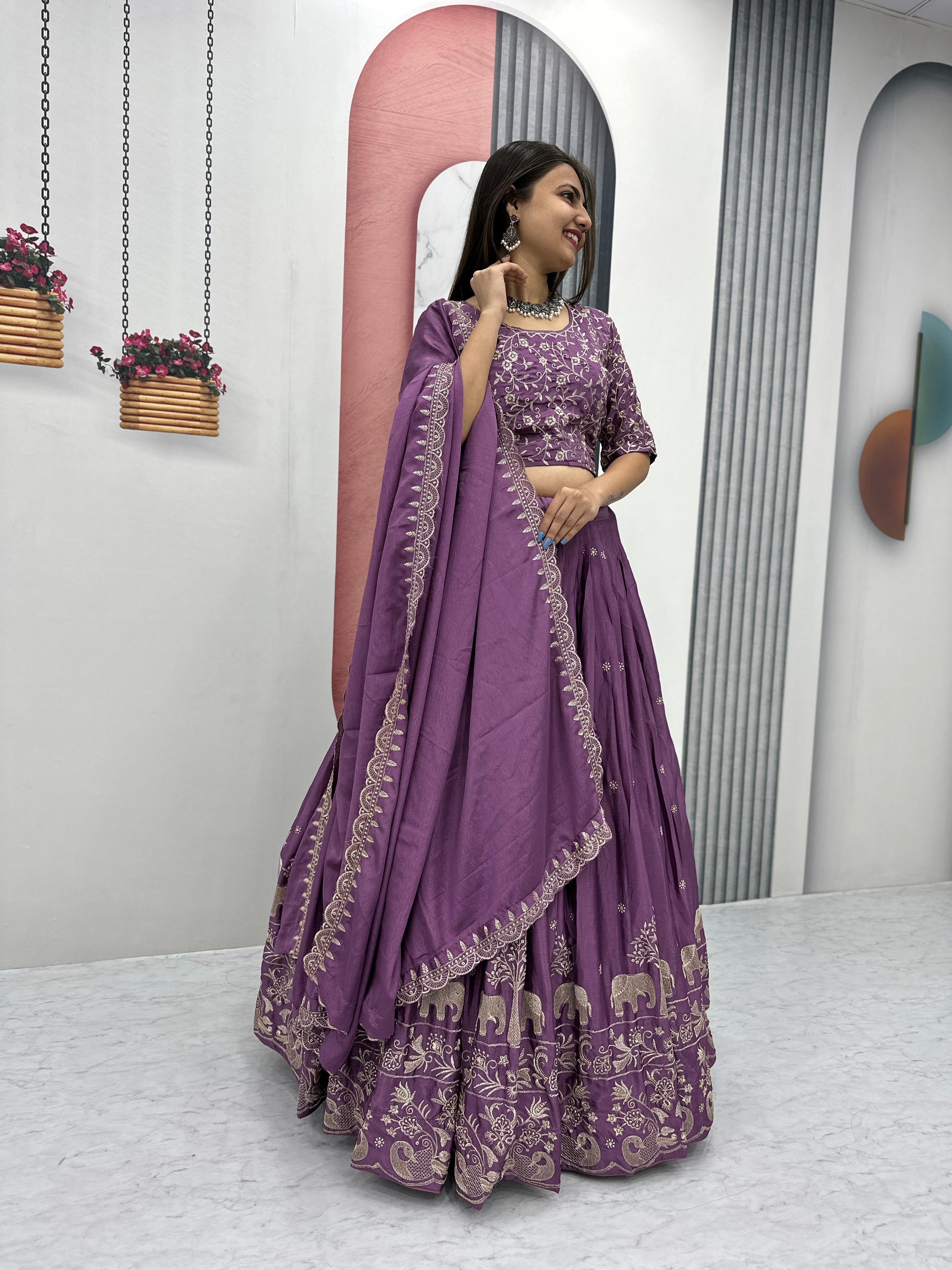 Elegant Chinon Embroidered Thread Work Lehenga Choli with Dupatta