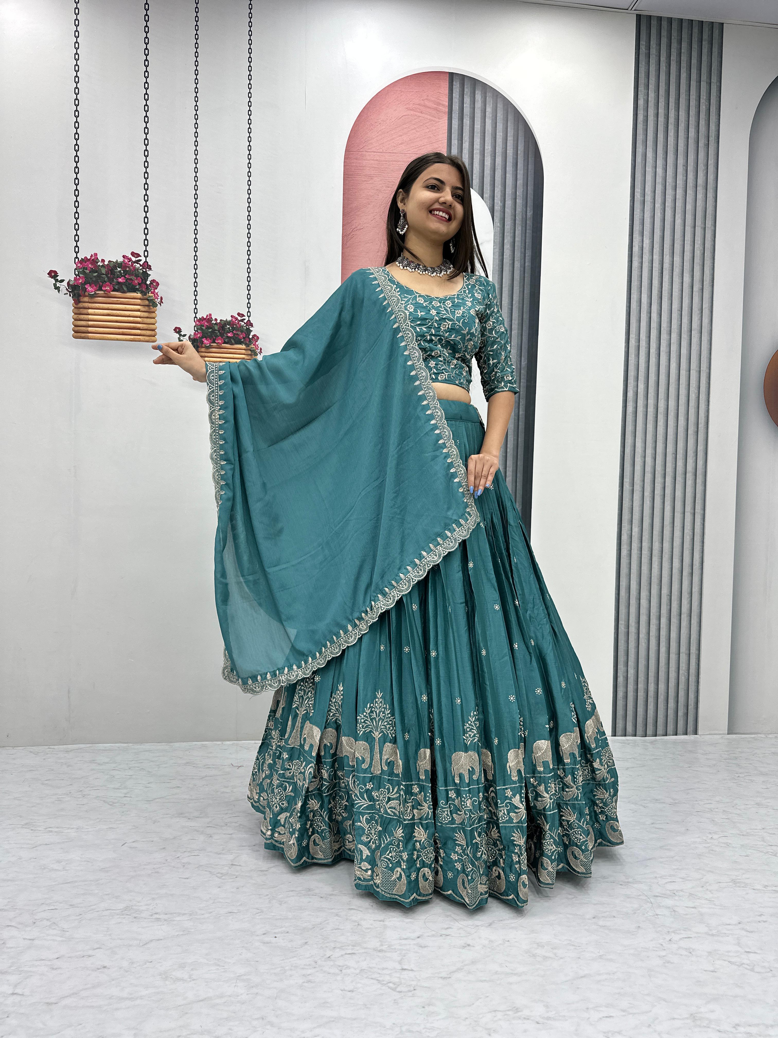 Elegant Chinon Embroidered Thread Work Lehenga Choli with Dupatta