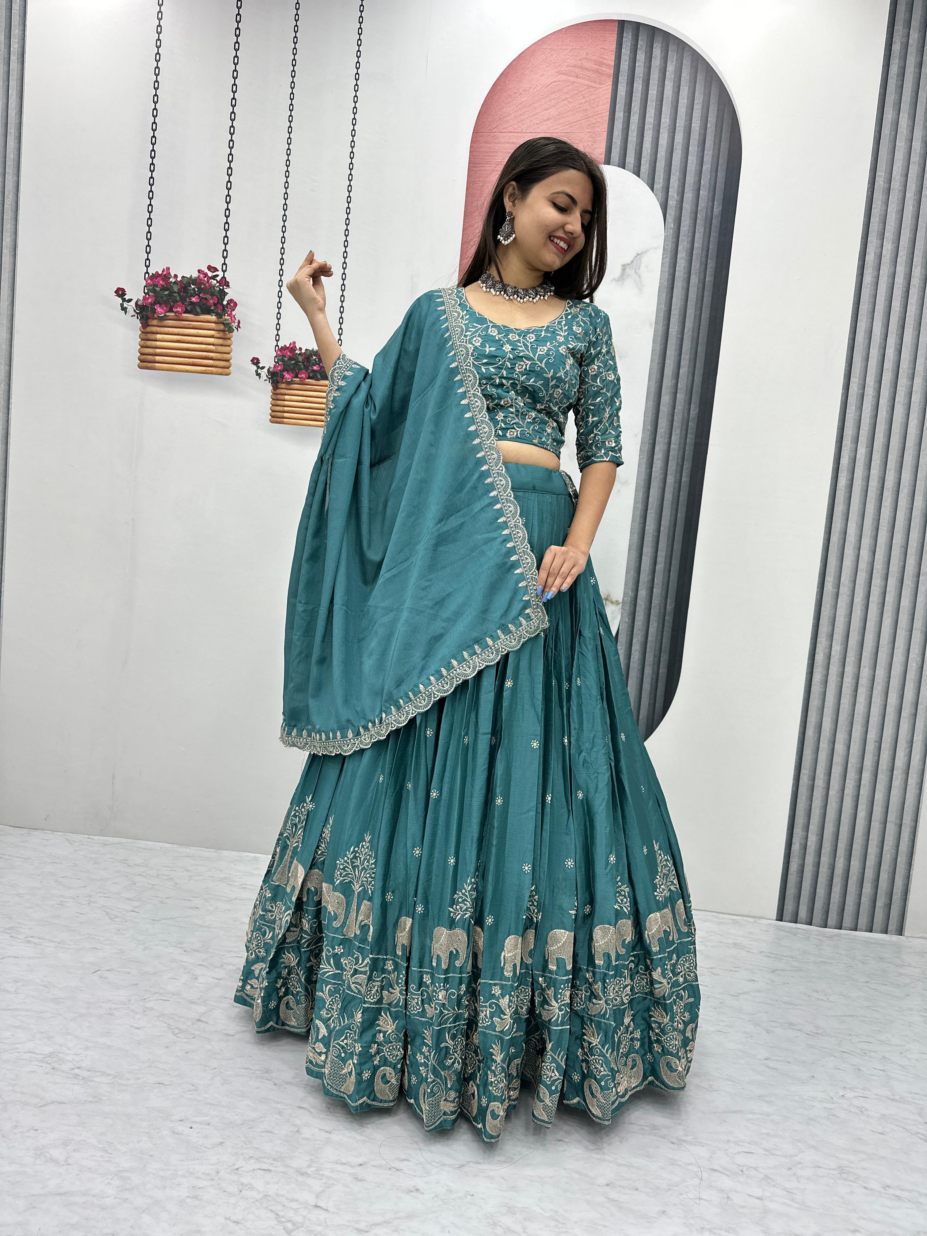Elegant Chinon Embroidered Thread Work Lehenga Choli with Dupatta