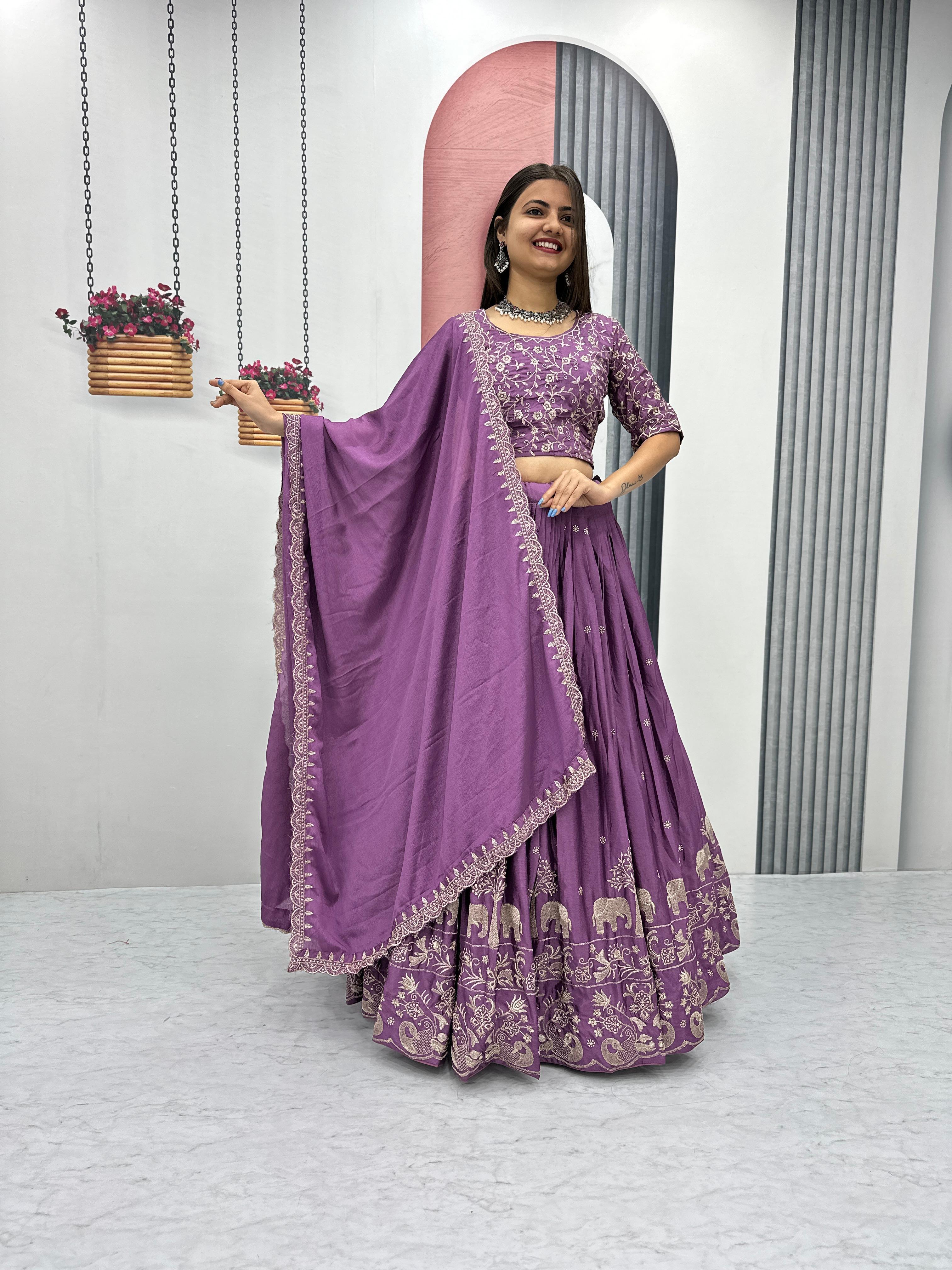 Elegant Chinon Embroidered Thread Work Lehenga Choli with Dupatta
