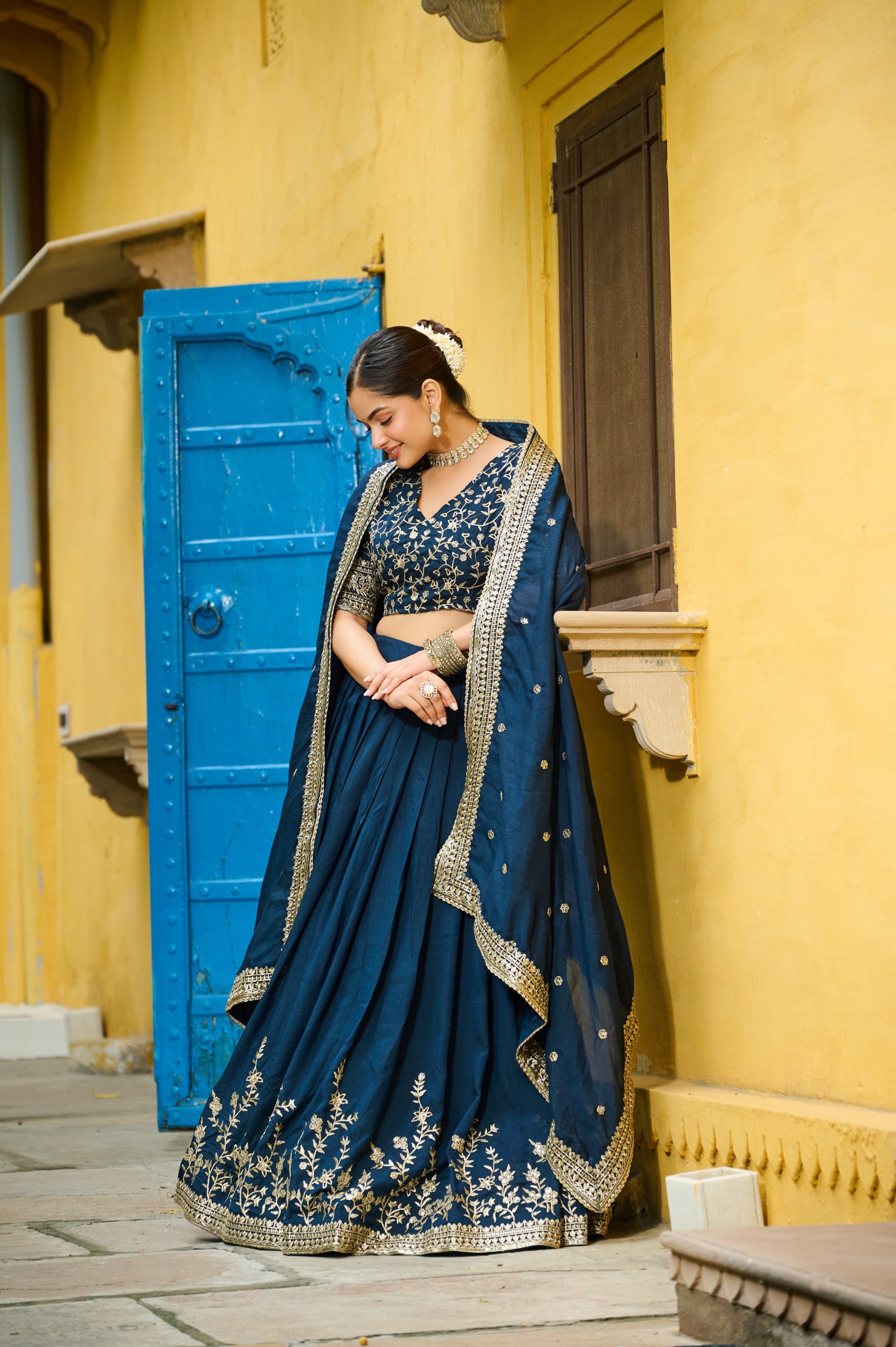 Blue Designer Vichitra Silk Lehenga