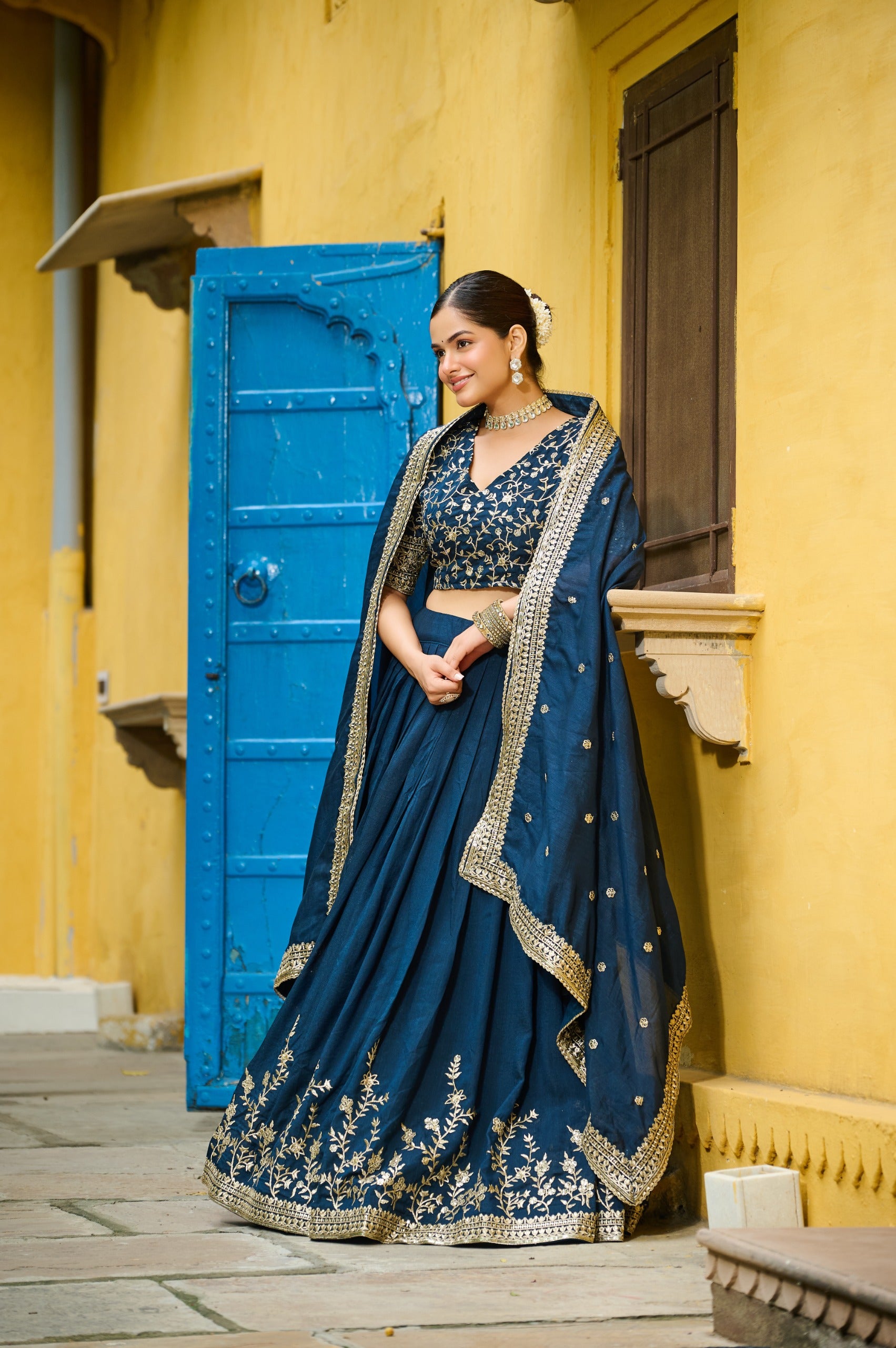 Blue Designer Vichitra Silk Lehenga