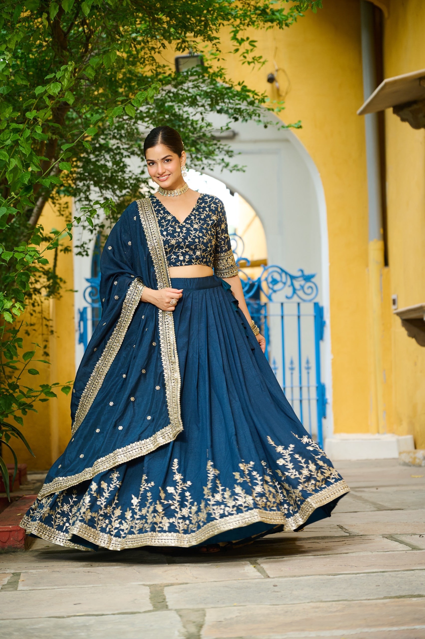 Blue Designer Vichitra Silk Lehenga