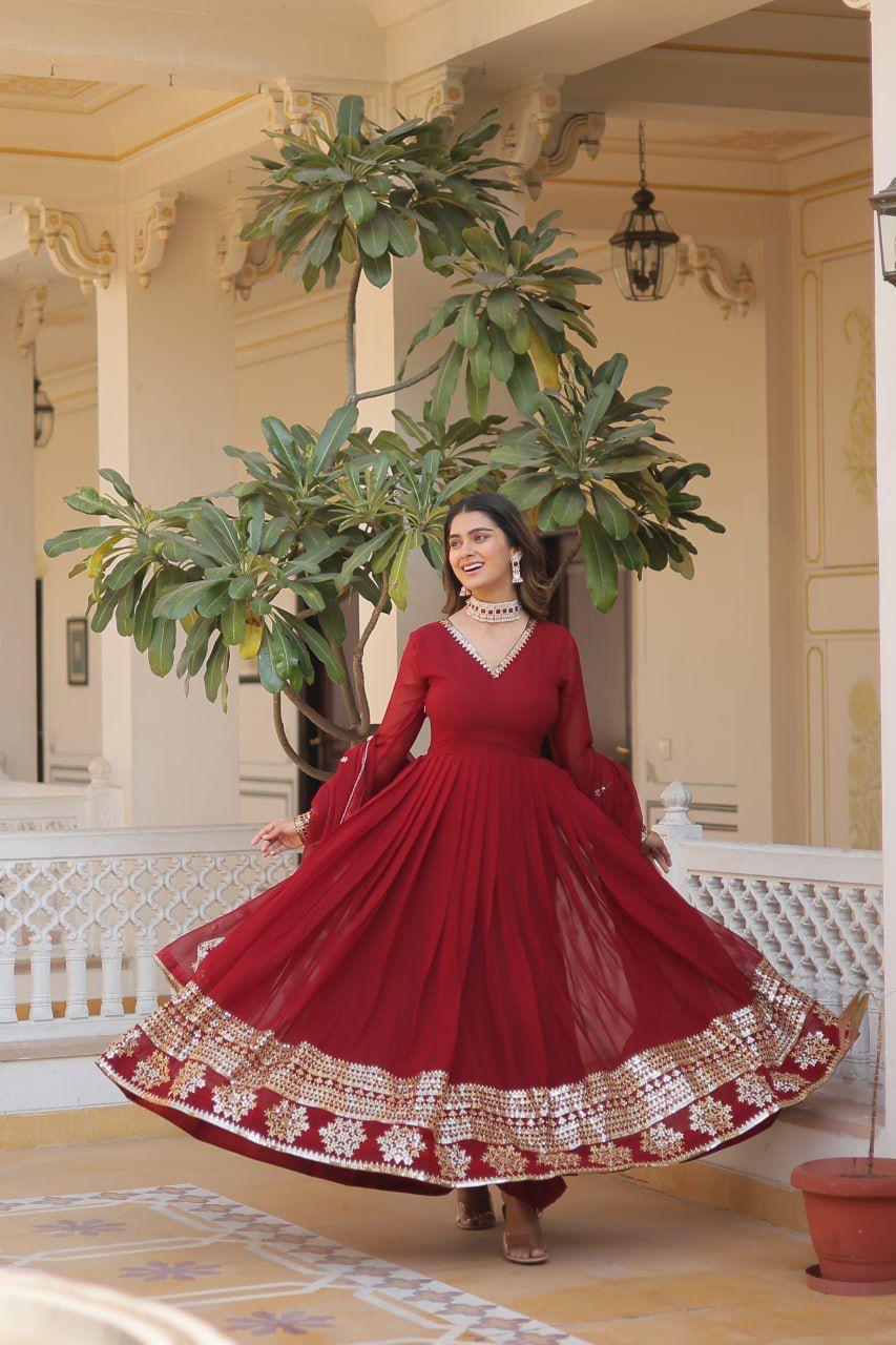 Sparkling Faux Blooming Gown with Embroidered Sequins & Designer Lace Dupatta
