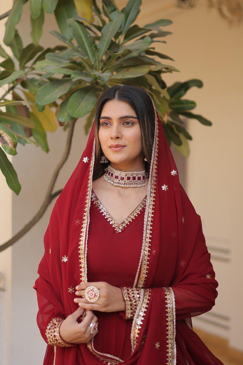 Sparkling Faux Blooming Gown with Embroidered Sequins & Designer Lace Dupatta