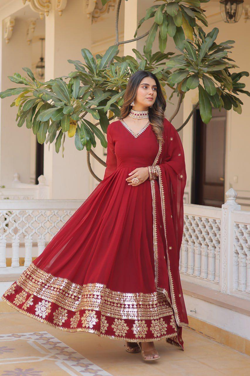 Sparkling Faux Blooming Gown with Embroidered Sequins & Designer Lace Dupatta