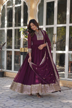 Faux Blooming Georgette Sequined Gown with Lace Dupatta