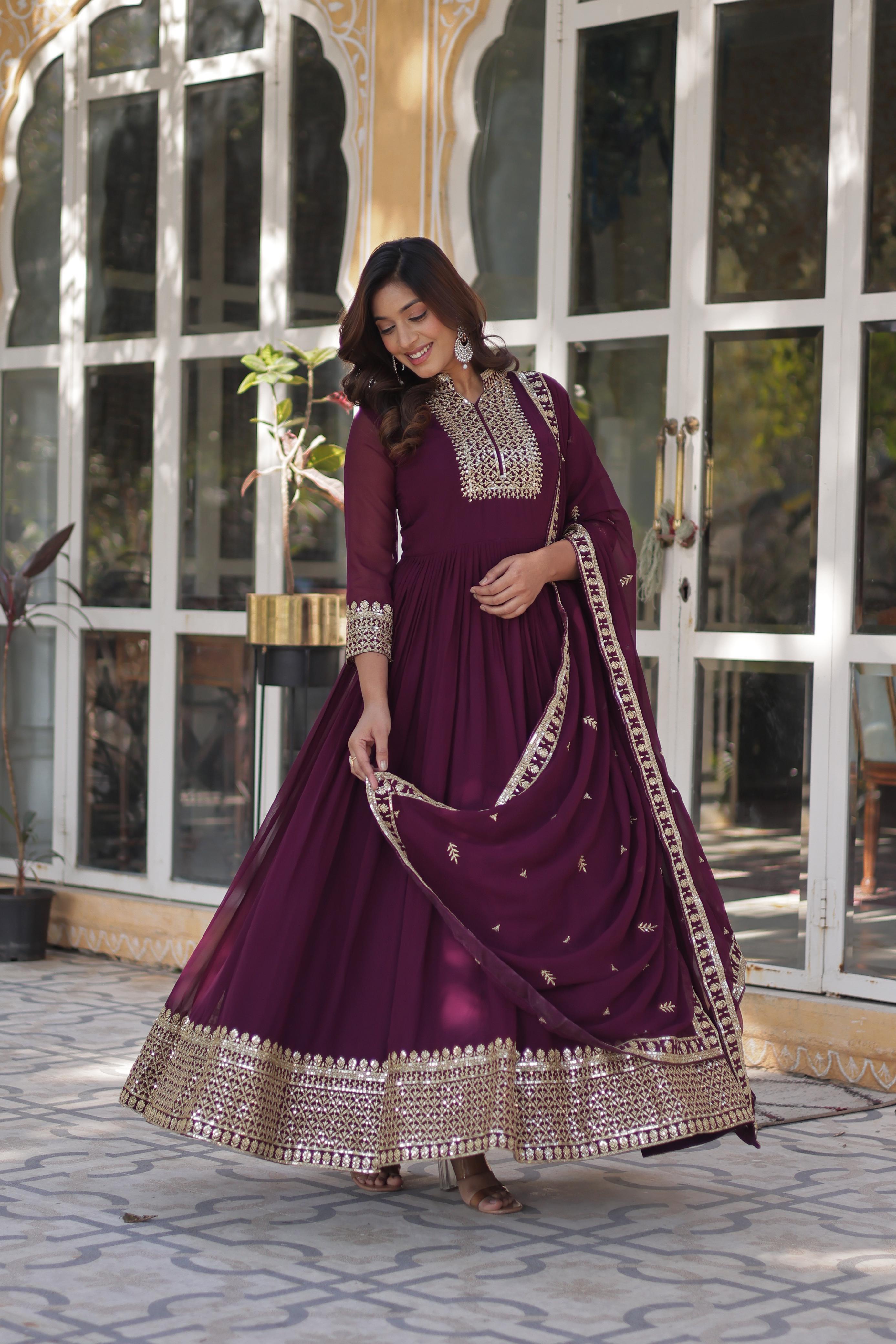 Faux Blooming Georgette Sequined Gown with Lace Dupatta