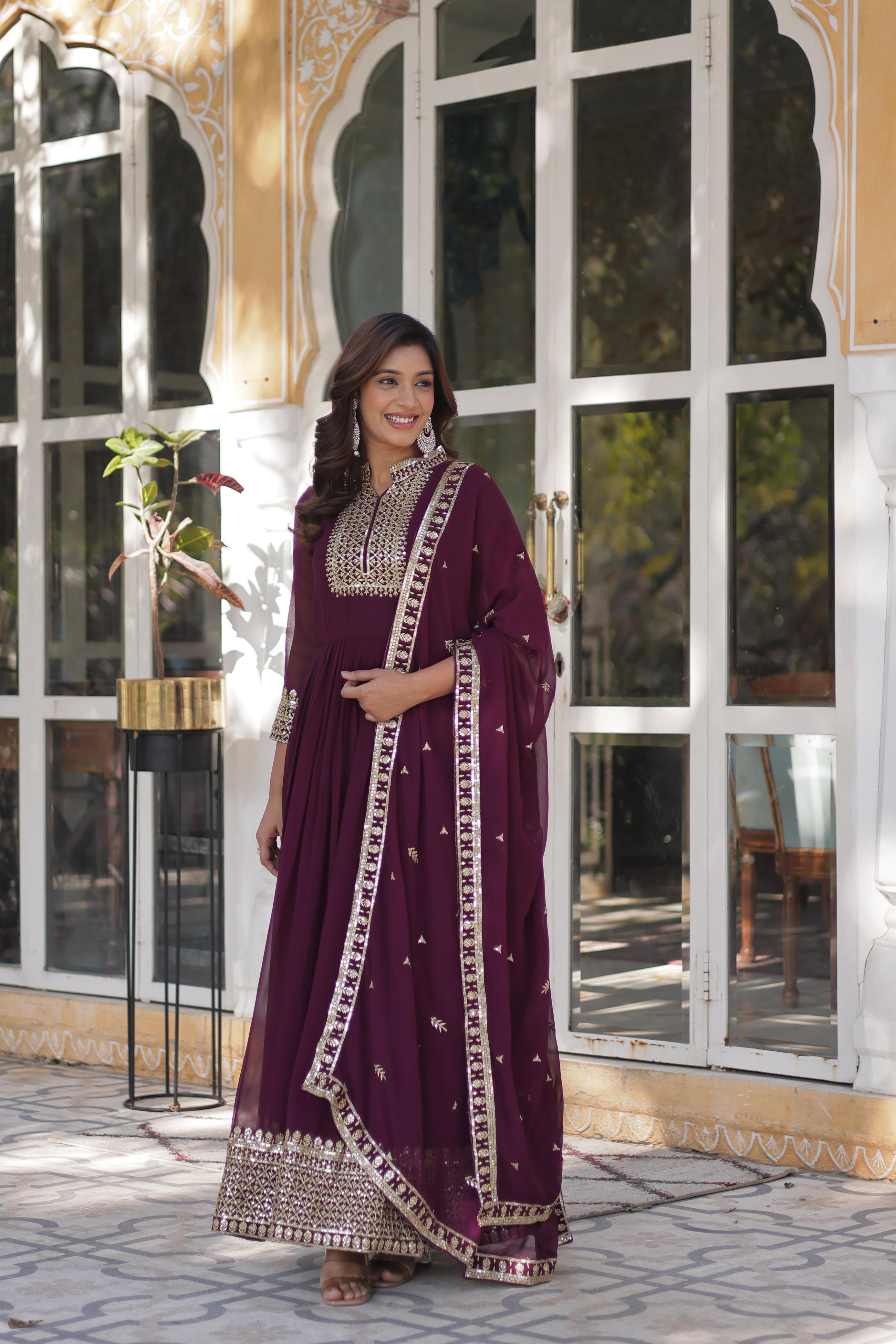 Faux Blooming Georgette Sequined Gown with Lace Dupatta
