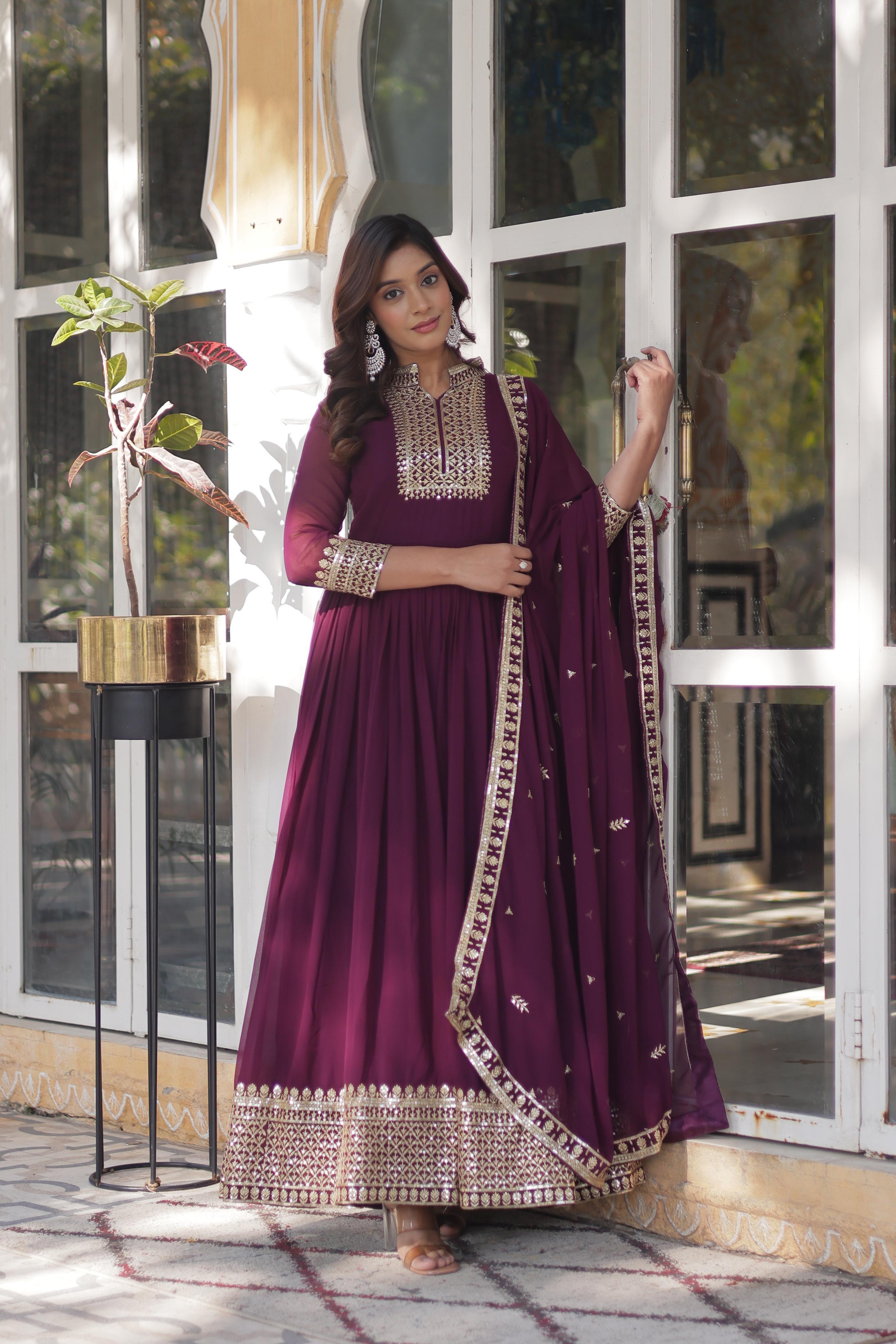 Faux Blooming Georgette Sequined Gown with Lace Dupatta