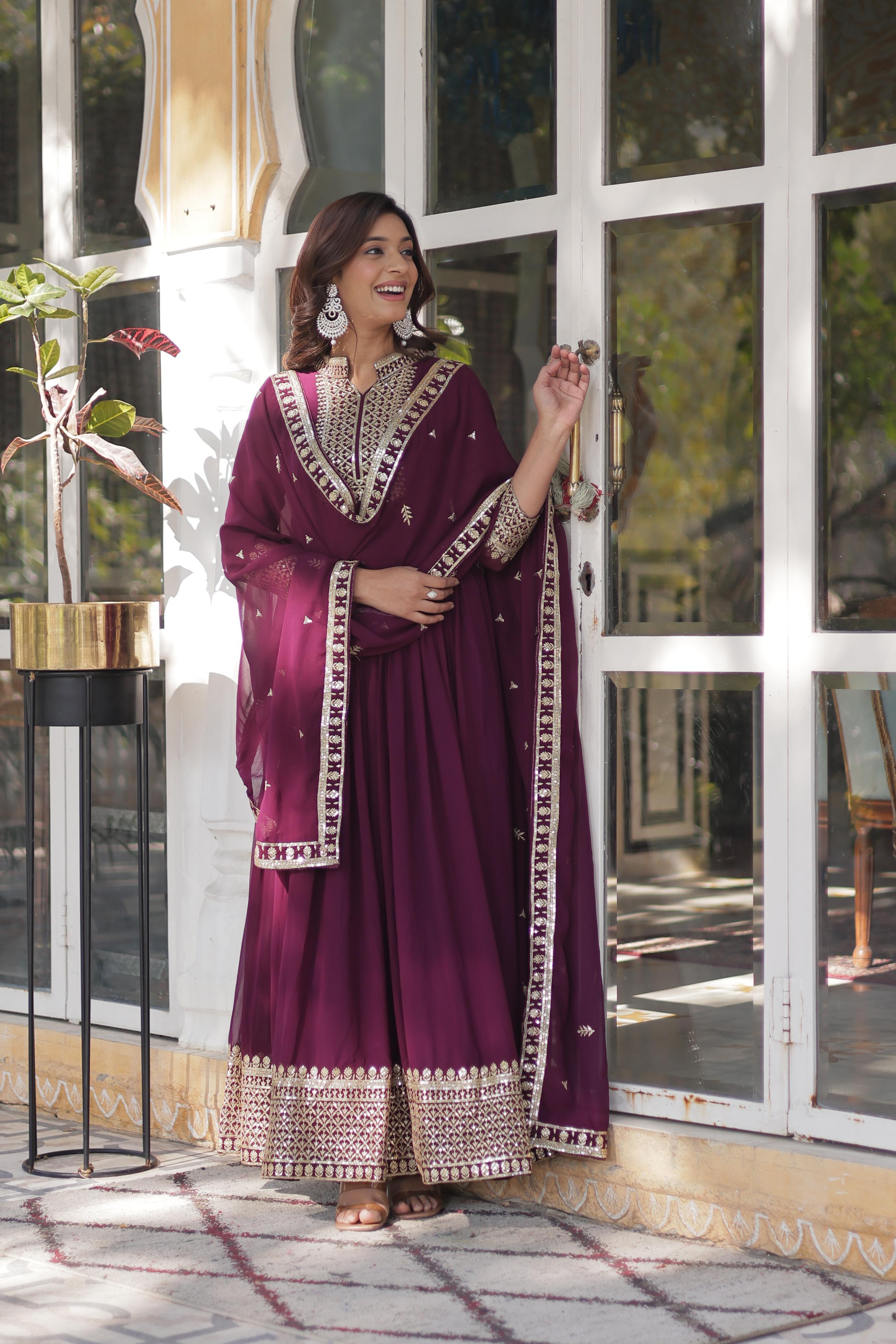 Faux Blooming Georgette Sequined Gown with Lace Dupatta