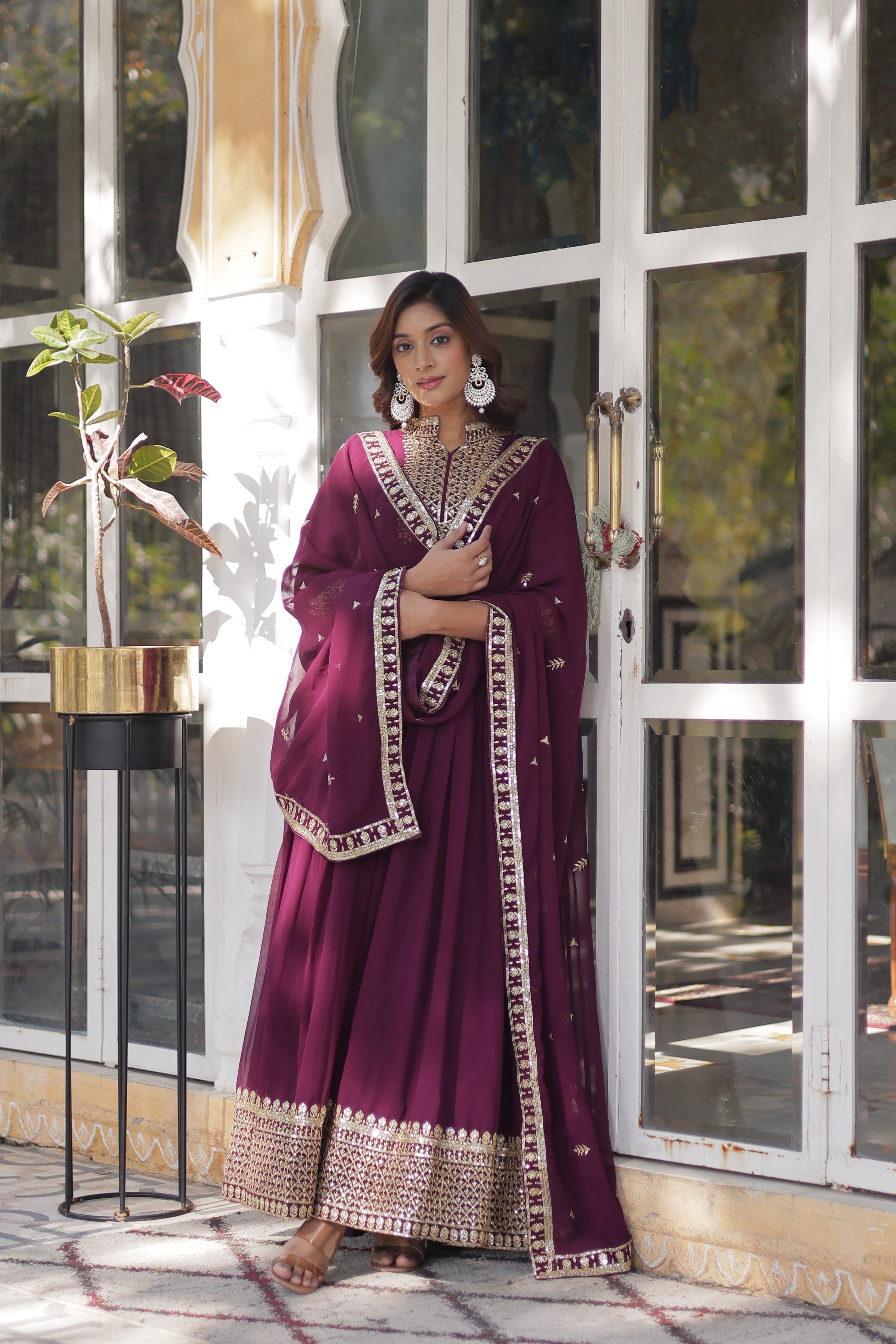 Faux Blooming Georgette Sequined Gown with Lace Dupatta