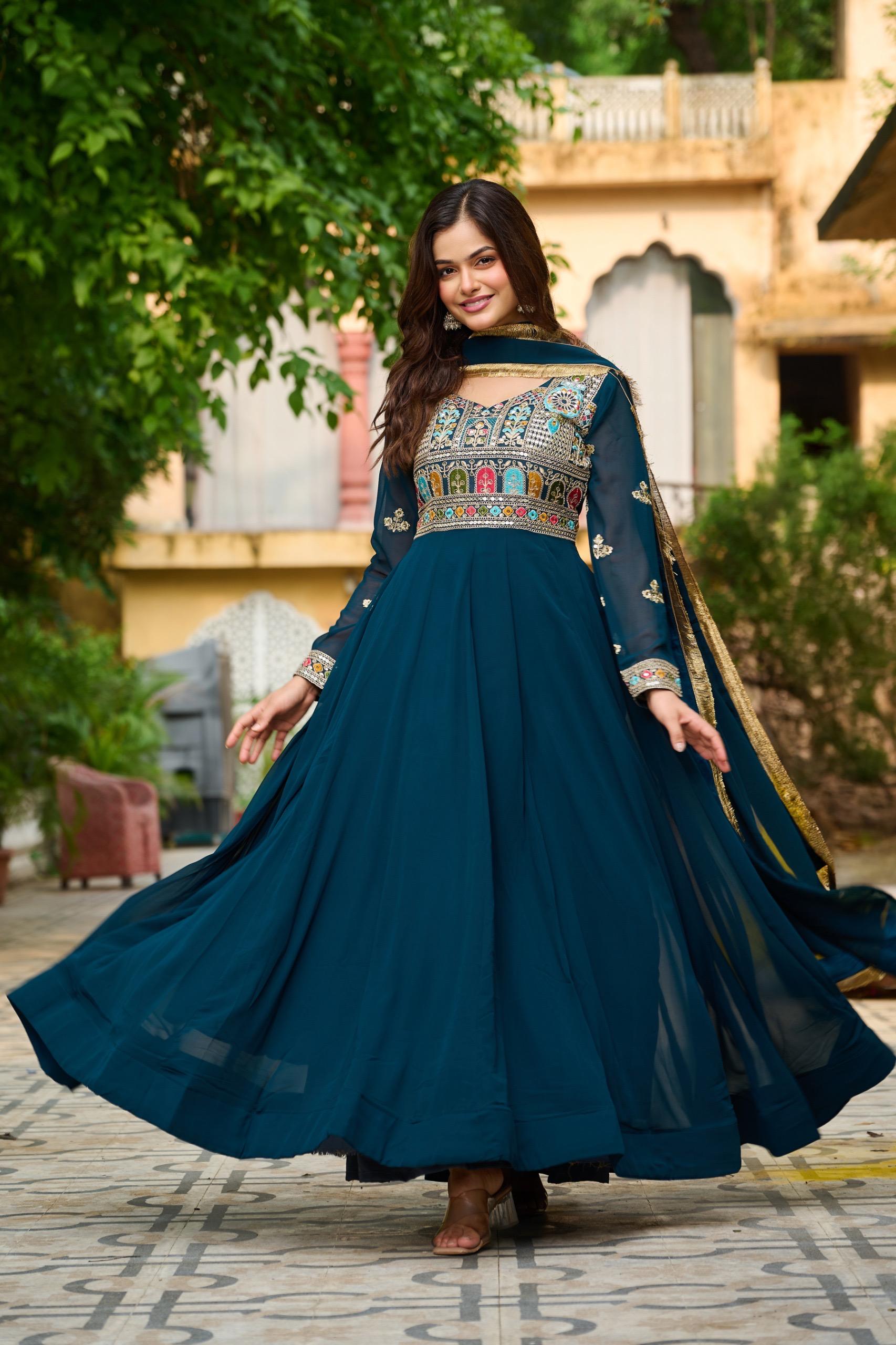Thread Embroidered Gown with Zari Lace Dupatta