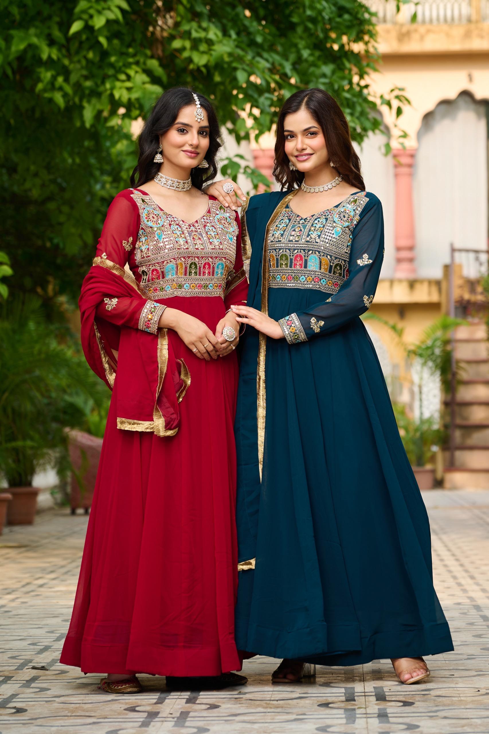 Thread Embroidered Gown with Zari Lace Dupatta
