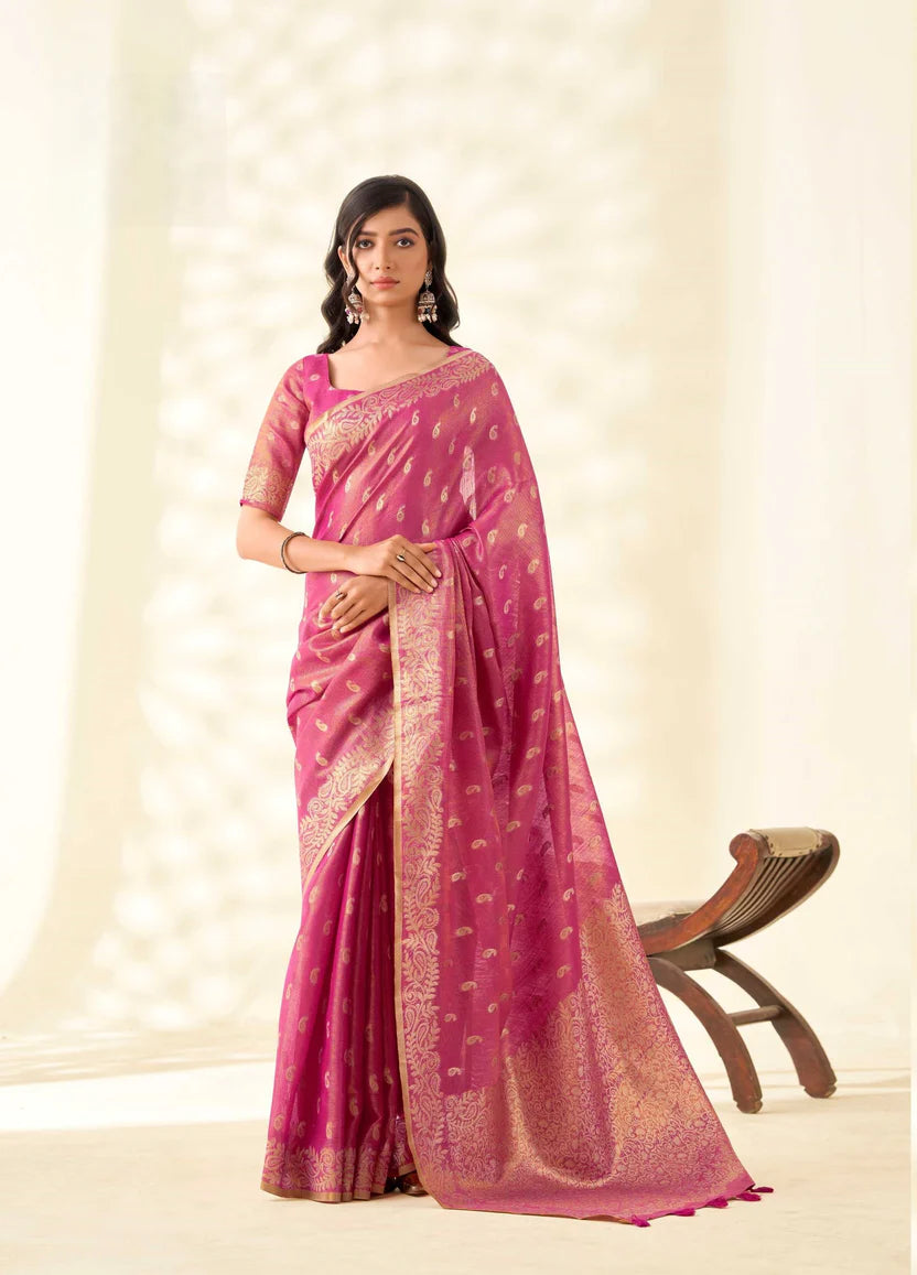 Gold Tissue Linen banarasi Saree with Ambi Butti Pattern