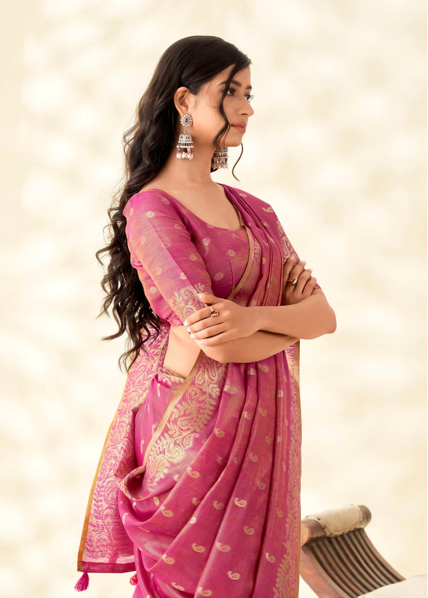 Gold Tissue Linen banarasi Saree with Ambi Butti Pattern