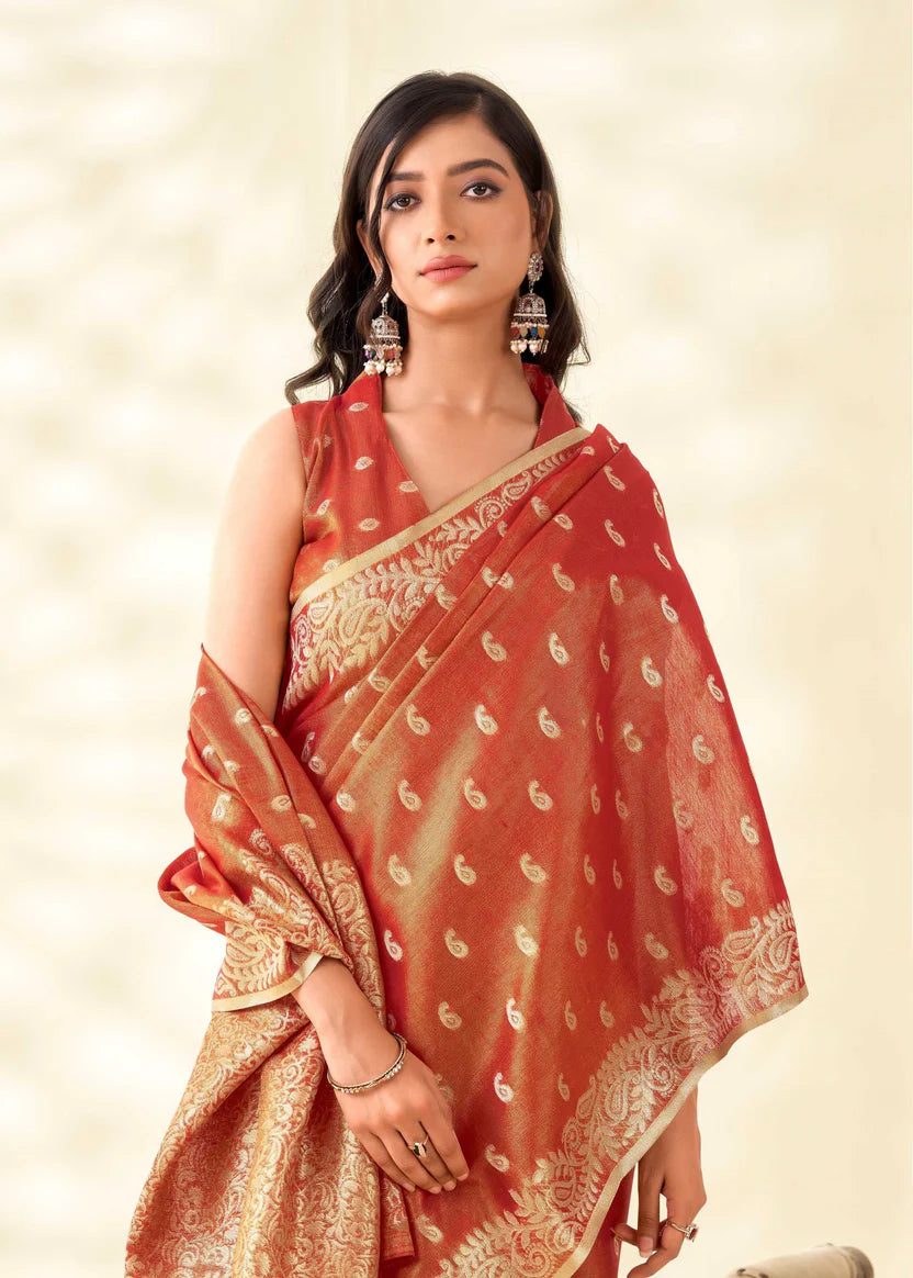 Gold Tissue Linen banarasi Saree with Ambi Butti Pattern