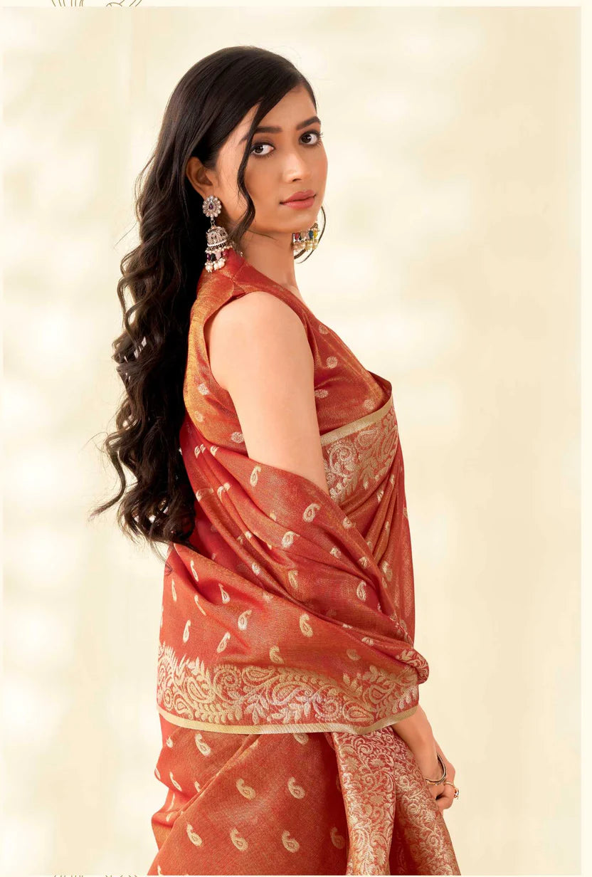 Gold Tissue Linen banarasi Saree with Ambi Butti Pattern