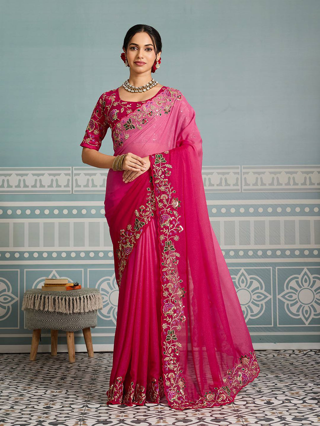 Women's Jimmi Choo Embroidery Work Saree With Unstitched Blouse Piece