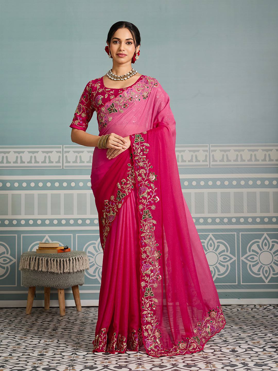 Women's Jimmi Choo Embroidery Work Saree With Unstitched Blouse Piece