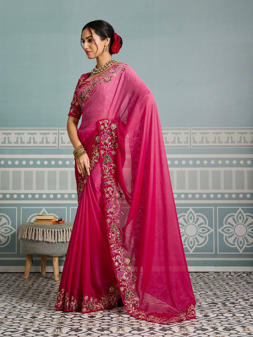 Women's Jimmi Choo Embroidery Work Saree With Unstitched Blouse Piece