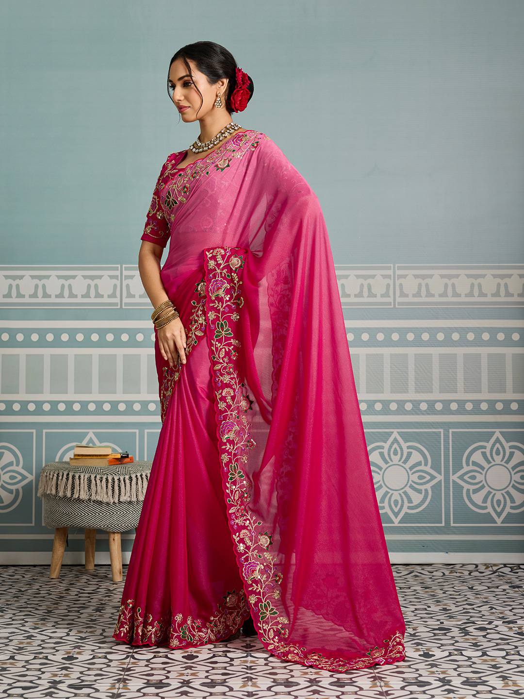 Women's Jimmi Choo Embroidery Work Saree With Unstitched Blouse Piece