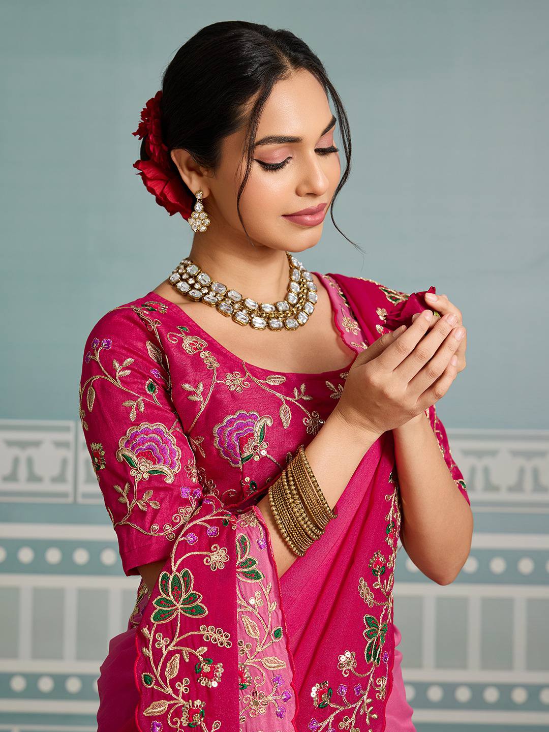 Women's Jimmi Choo Embroidery Work Saree With Unstitched Blouse Piece