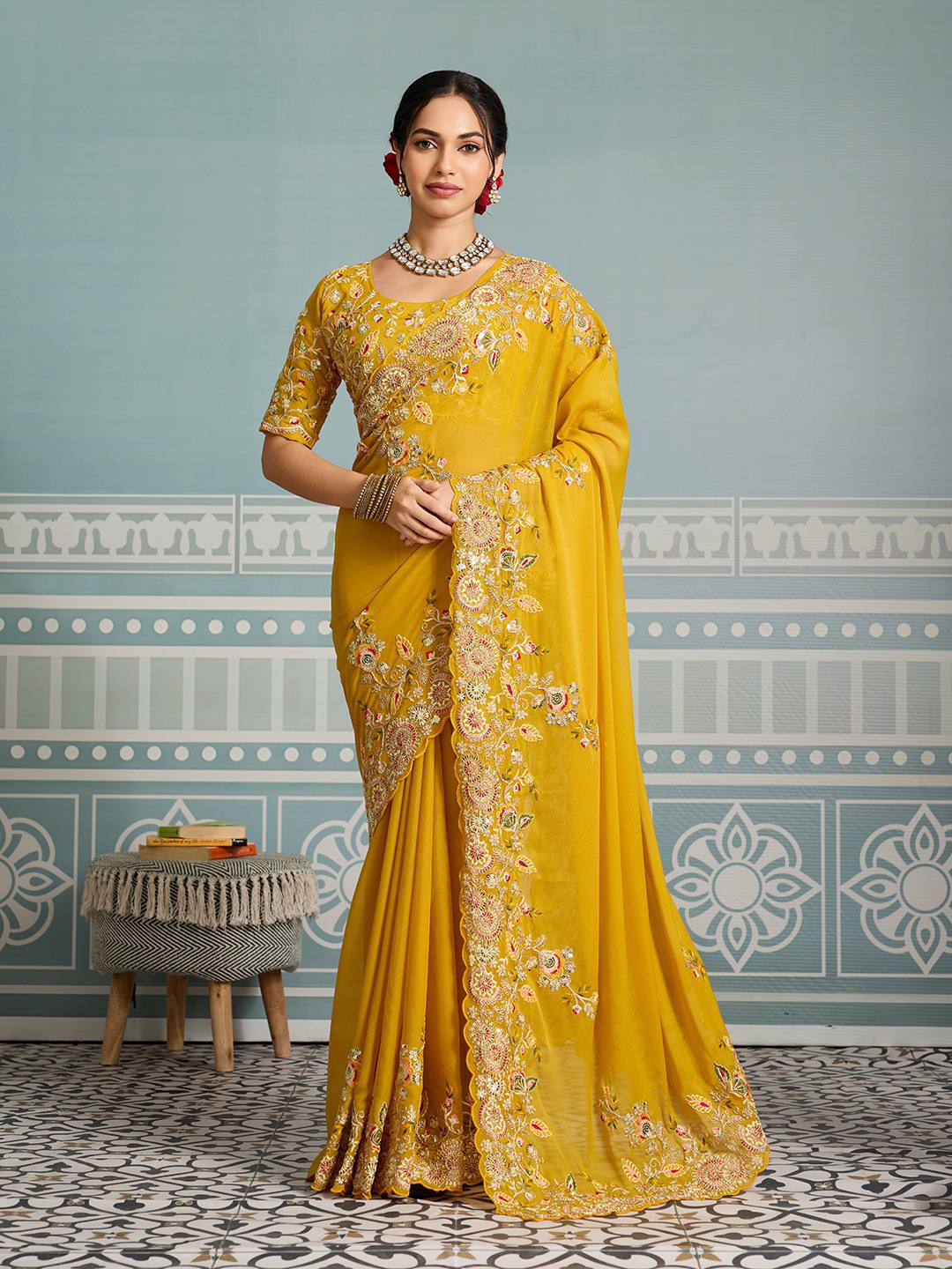 Yellow Party Wear Soft Star Georgette Saree