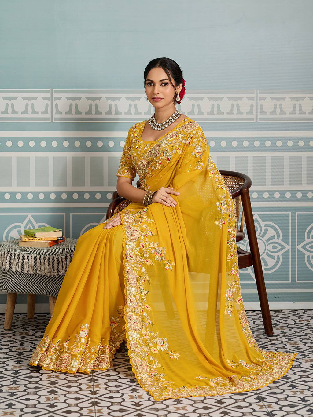 Yellow Party Wear Soft Star Georgette Saree