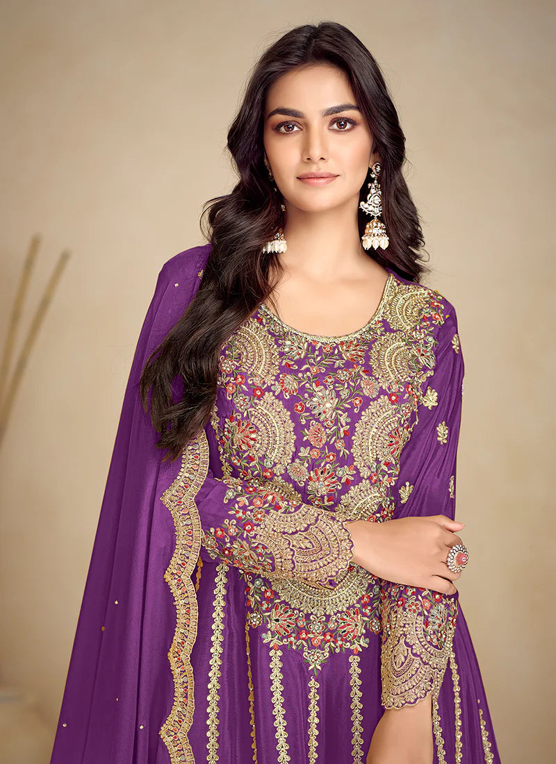 Purple Embroidery Festive Sharara Suit