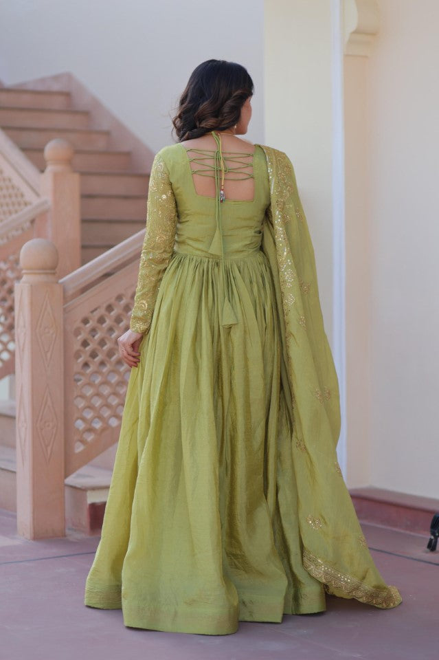 Gold Crush Fabric Embroidered Gown Set with Matching Dupatta