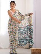 Abstract Printed Mirror Work Embroidered Pure Georgette Saree