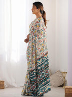 Abstract Printed Mirror Work Embroidered Pure Georgette Saree