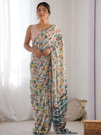 Abstract Printed Mirror Work Embroidered Pure Georgette Saree