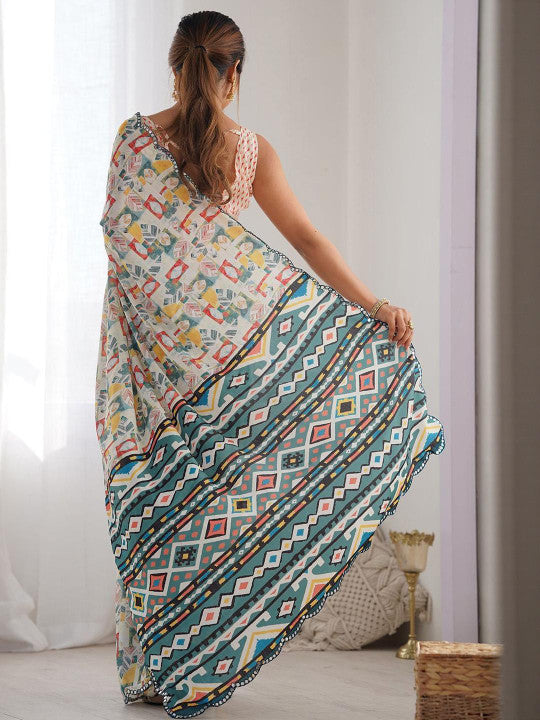 Abstract Printed Mirror Work Embroidered Pure Georgette Saree