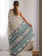 Abstract Printed Mirror Work Embroidered Pure Georgette Saree