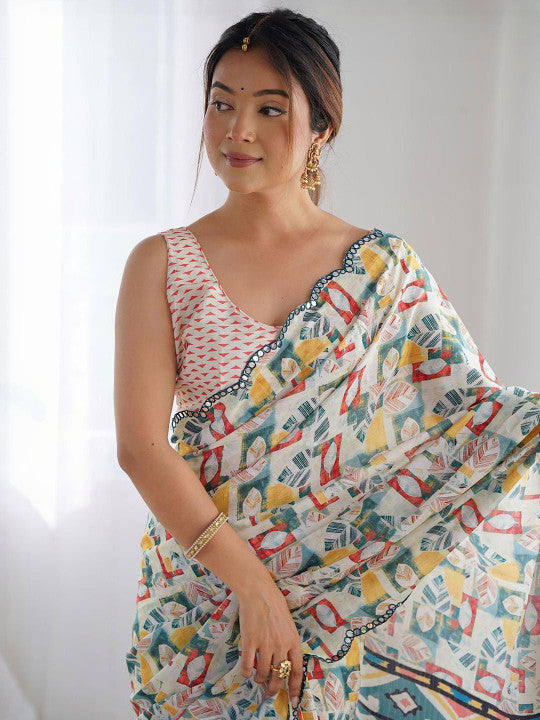 Abstract Printed Mirror Work Embroidered Pure Georgette Saree