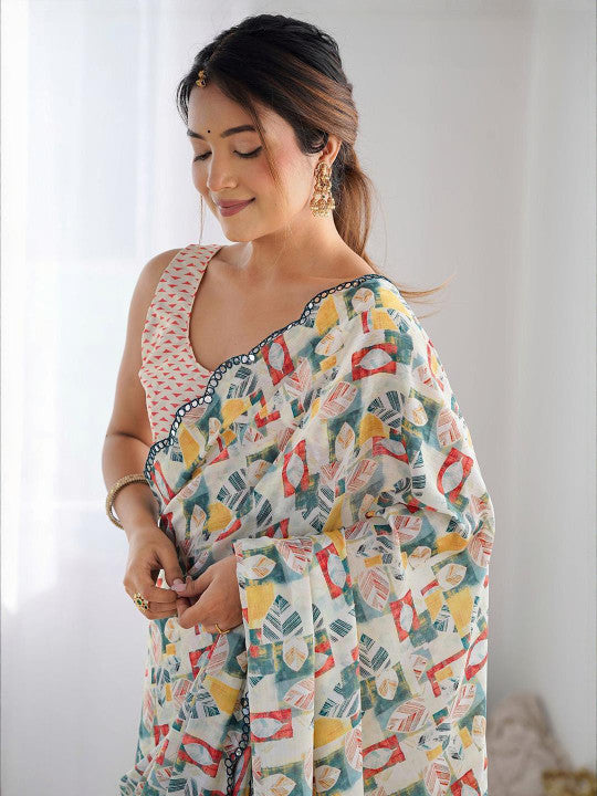Abstract Printed Mirror Work Embroidered Pure Georgette Saree