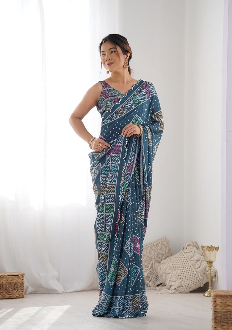 Fancy Georgette Silk Printed With Mirror Work Saree