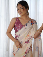 Floral Printed Embroidered Mirror Work Saree