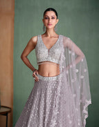 Silver Grey Sequined Georgette Lehenga with Modern Embroidery